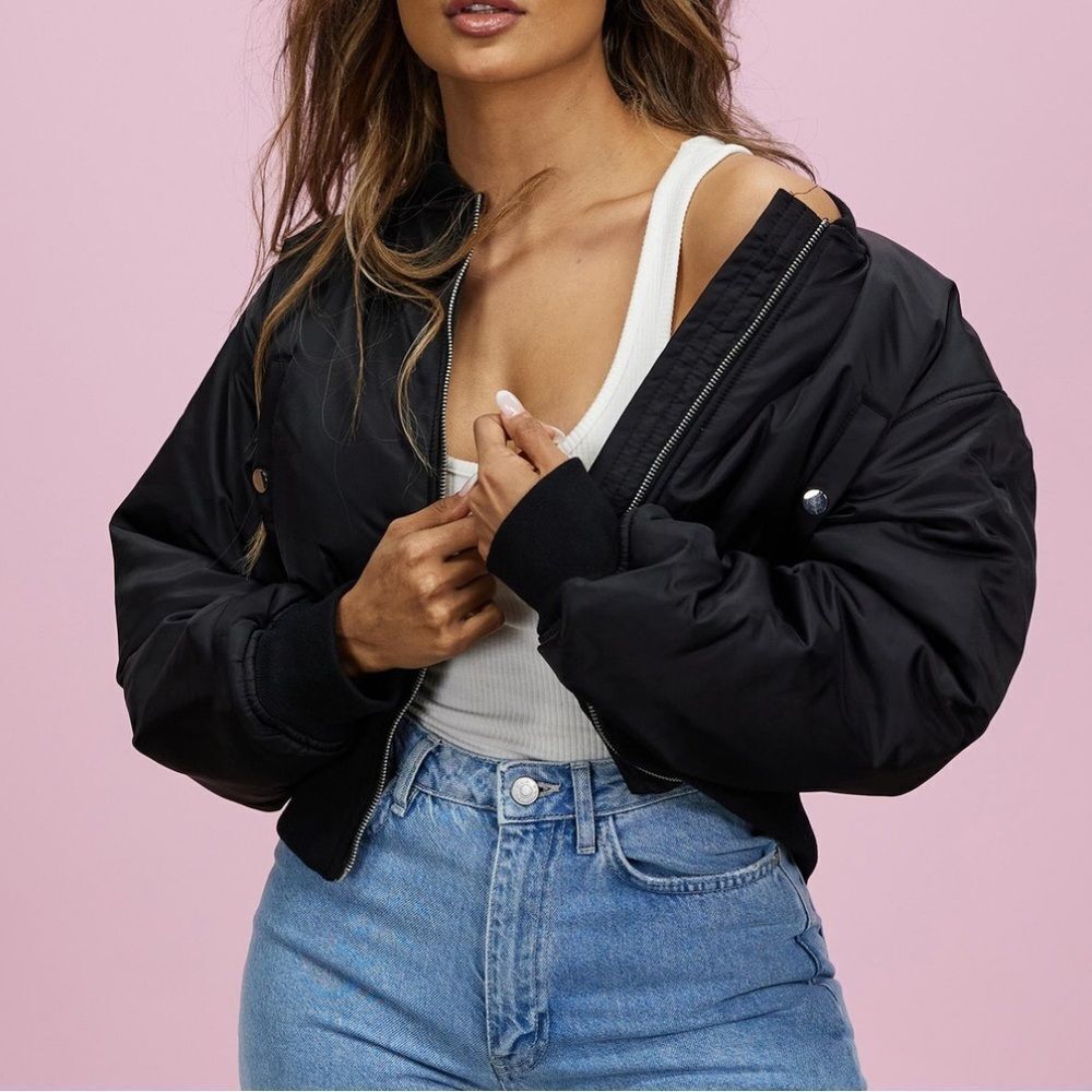 NEW Missguided Corset Elastic Crop Bomber Coat Jacket Black Women’s 2